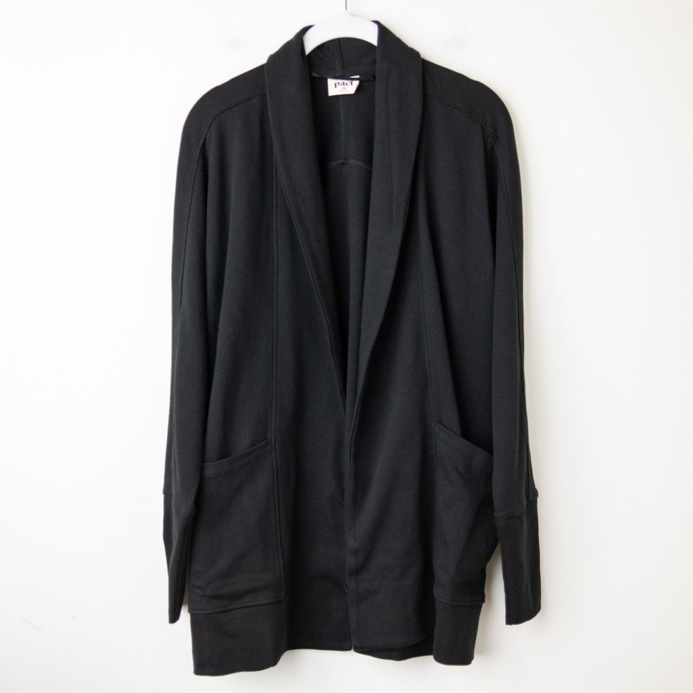 Pact Organic Airplane Wrap Cardigan Womens XS Black 100% Cotton Shawl Collar